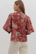 Burgundy Floral Print Scalloped Top