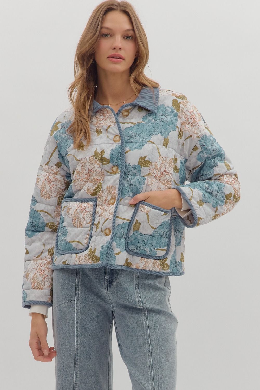 Blue Floral Quilted Jacket SHIPS OR PICKUP FROM COCO 11/6/25
