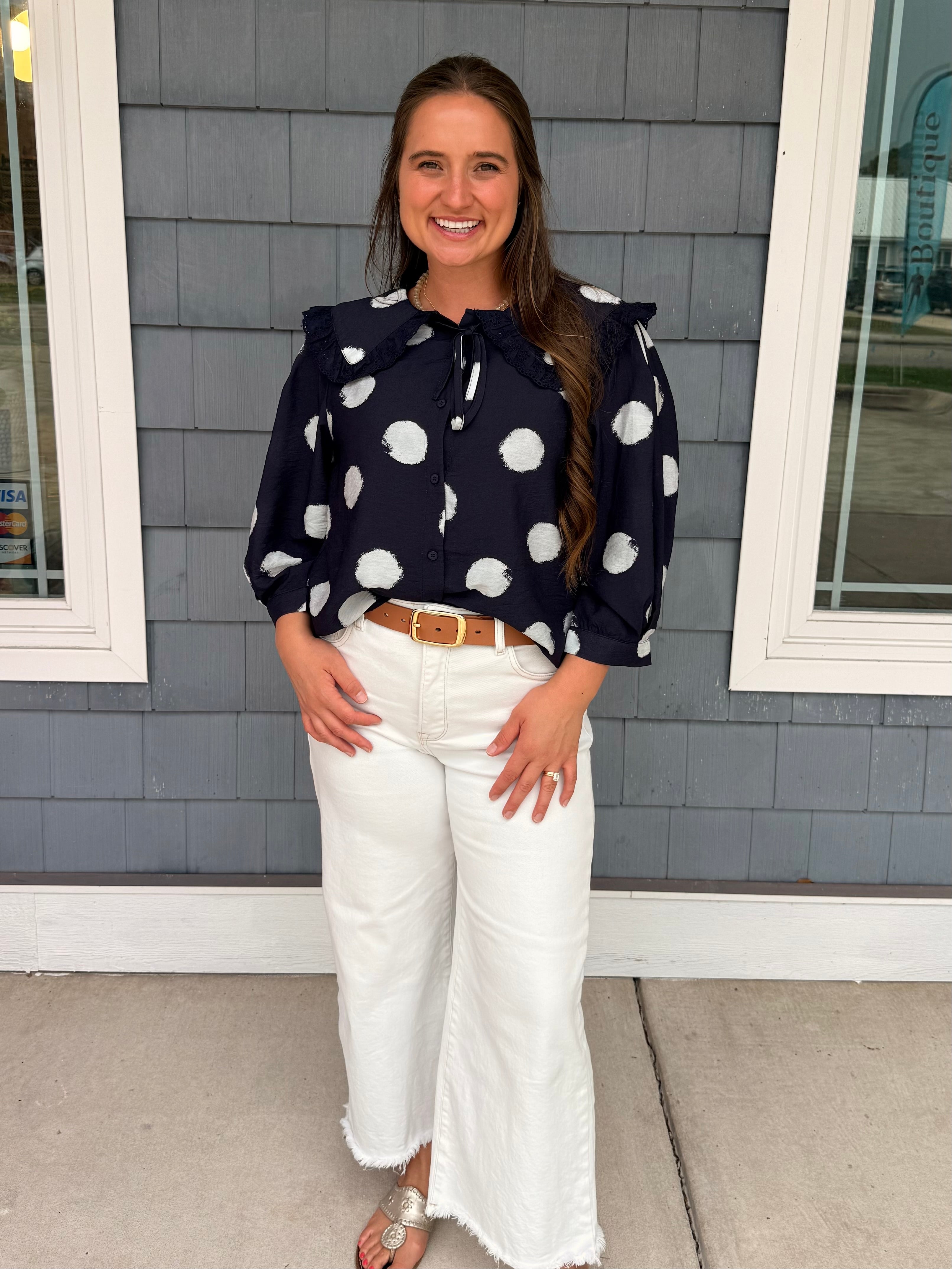 Navy Collared Polka Dot Top