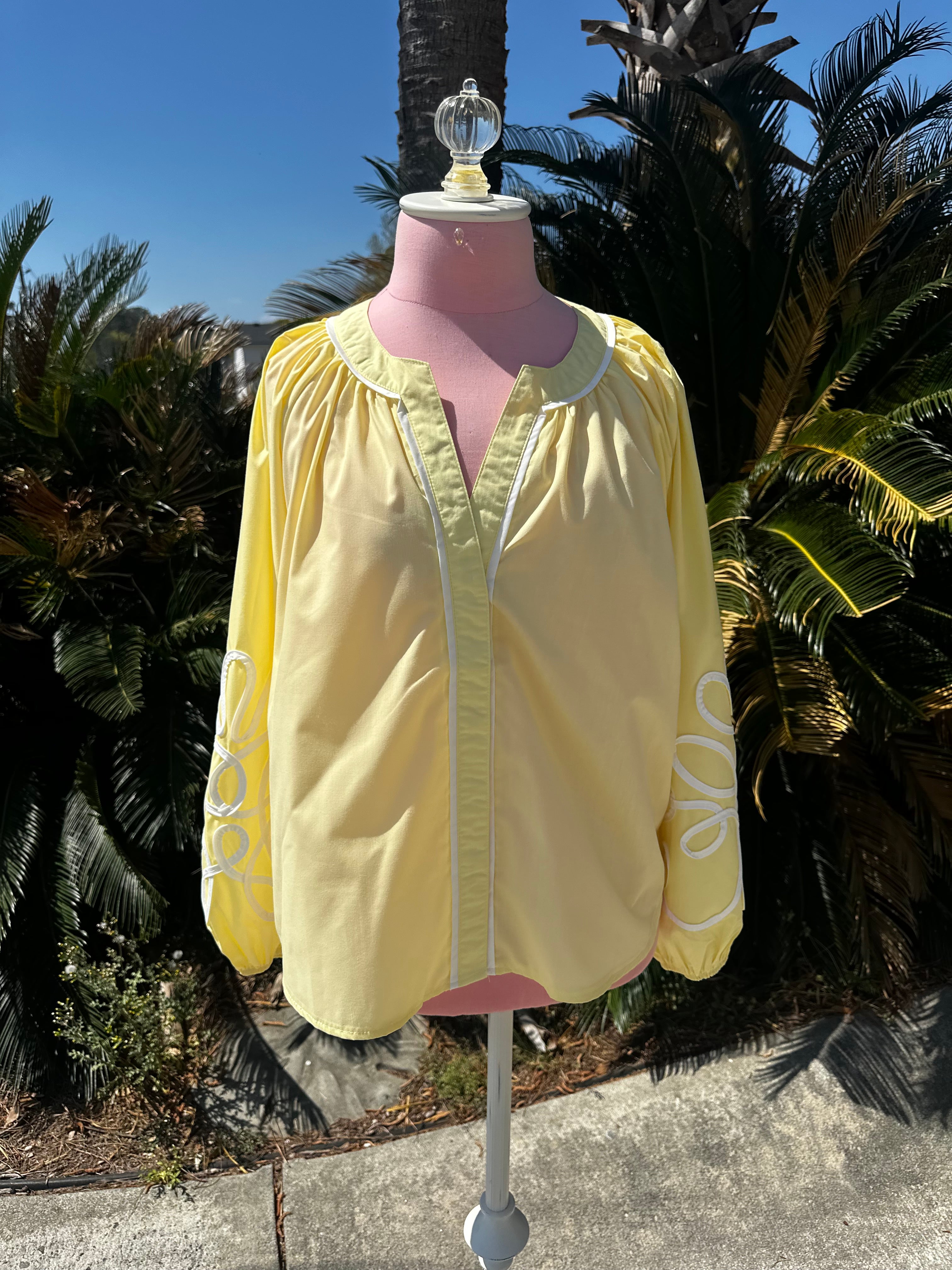 Butter Yellow Soutache Contrast Detail Puff Sleeve Top