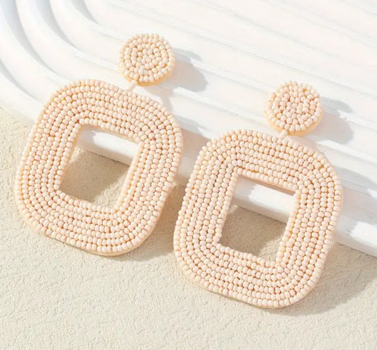Handmade Woven Square Beaded Earrings- Beige