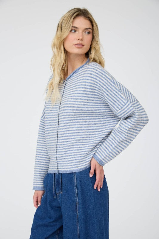 Dusty Blue Raw Edge Stripe Drop Shoulder Knit Cardigan