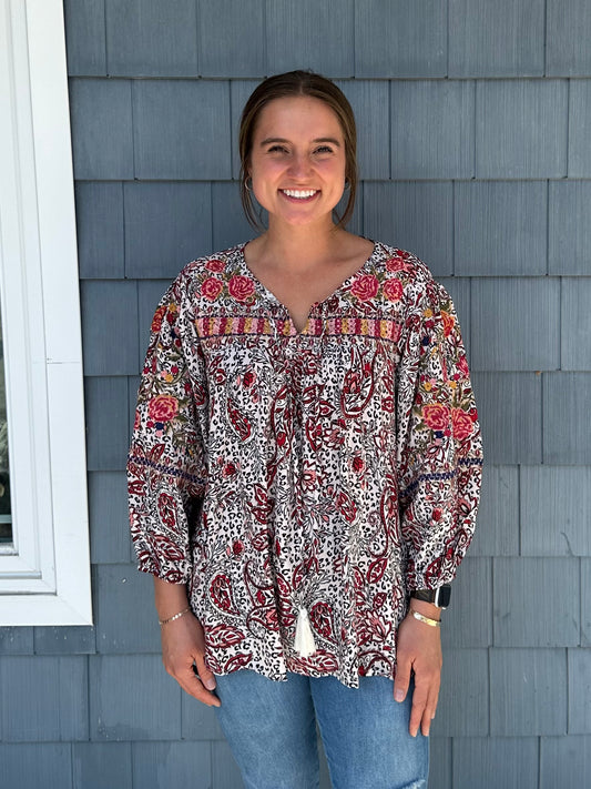 Floral Embroidered Beige Red Print Top