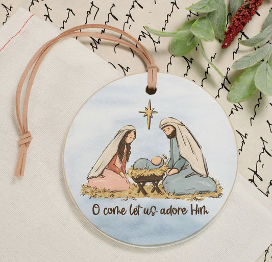 Wooden Let Us Adore Him Ornament