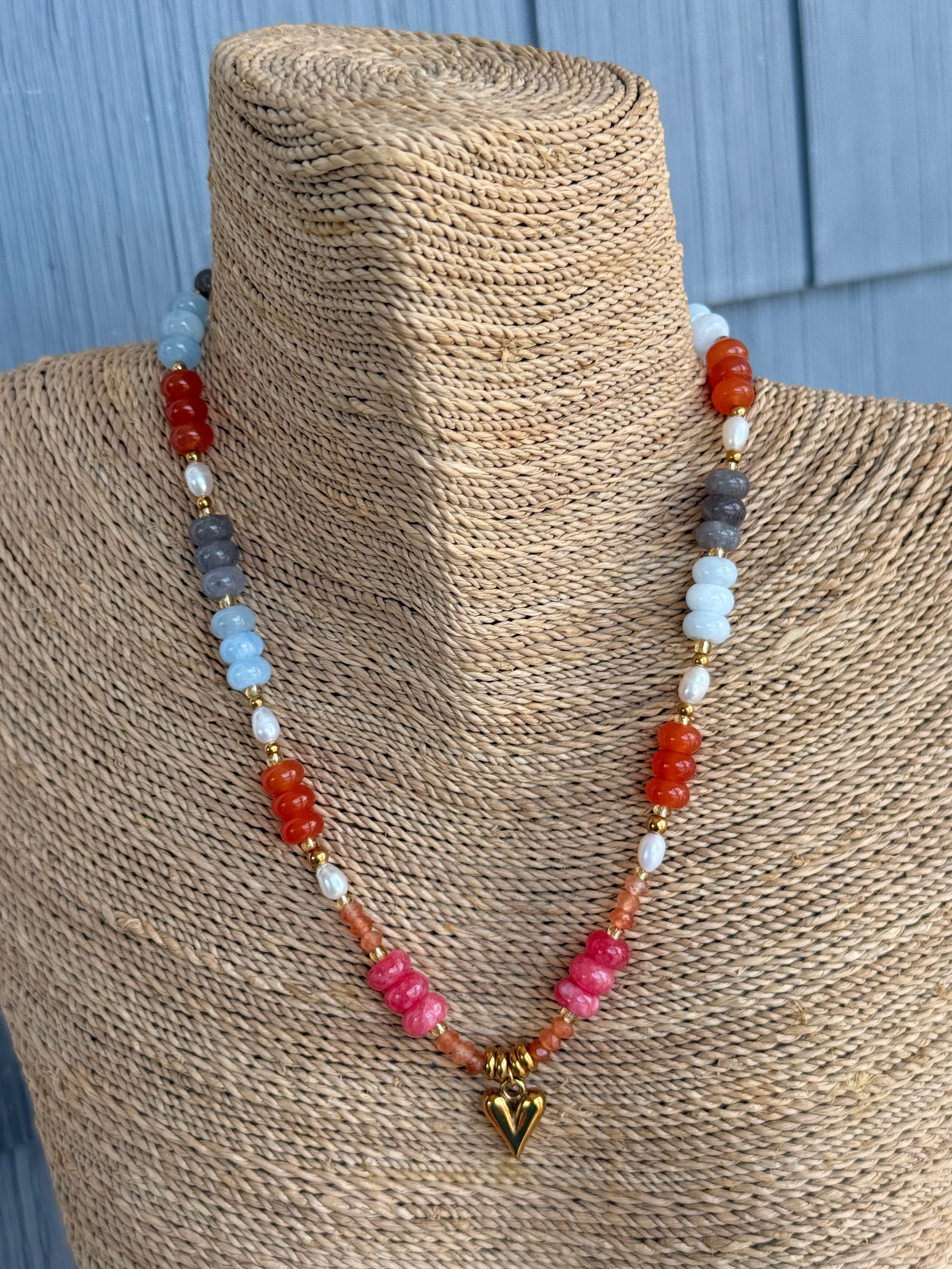 Beaded Heart Necklace - Pink & Blue