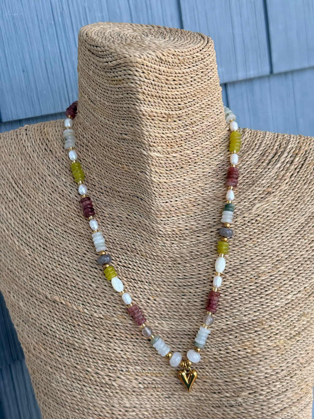 Beaded Heart Necklace - Purple & Green