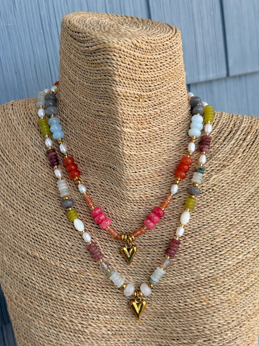 Beaded Heart Necklace - Pink & Blue