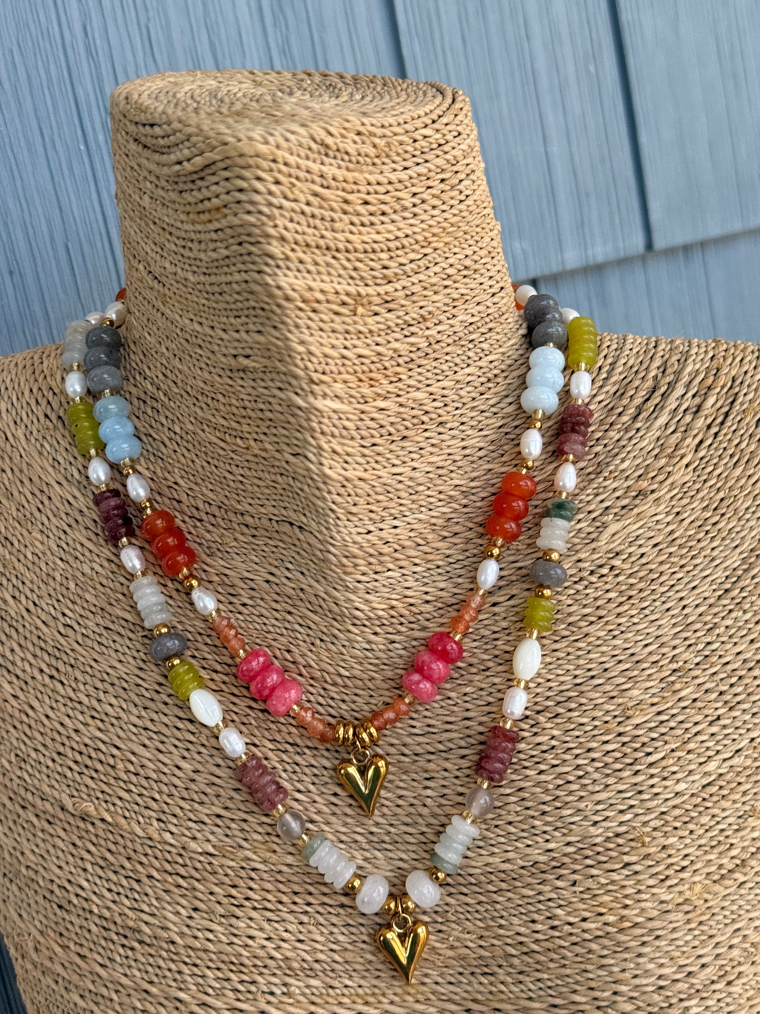 Beaded Heart Necklace - Purple & Green