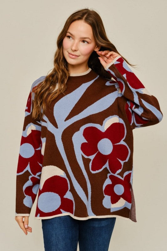 Brown Mix Floral Sweater Top