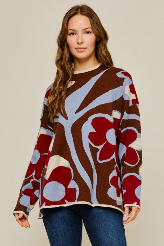Brown Mix Floral Sweater Top