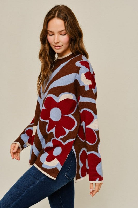 Brown Mix Floral Sweater Top