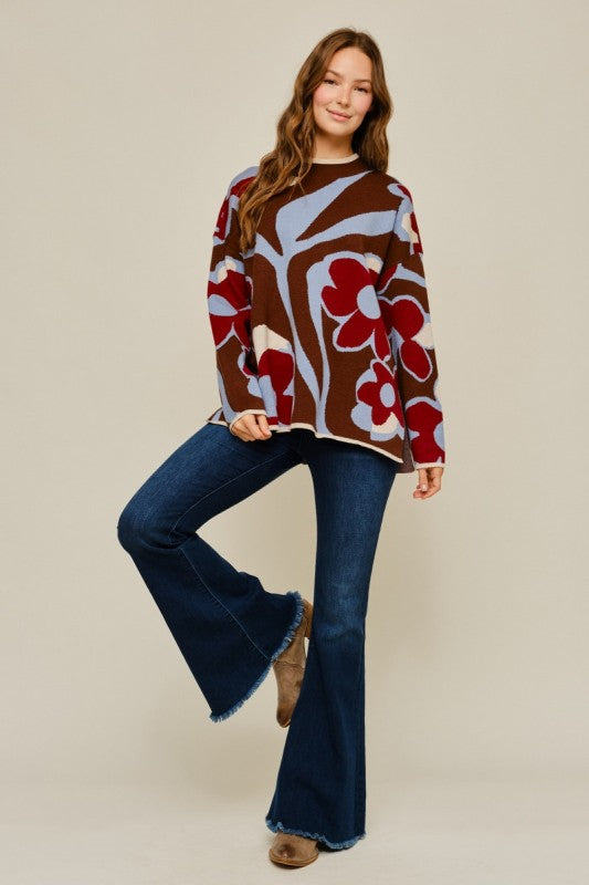 Brown Mix Floral Sweater Top