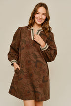 Brown Puff Sleeve Floral Pocket Dress