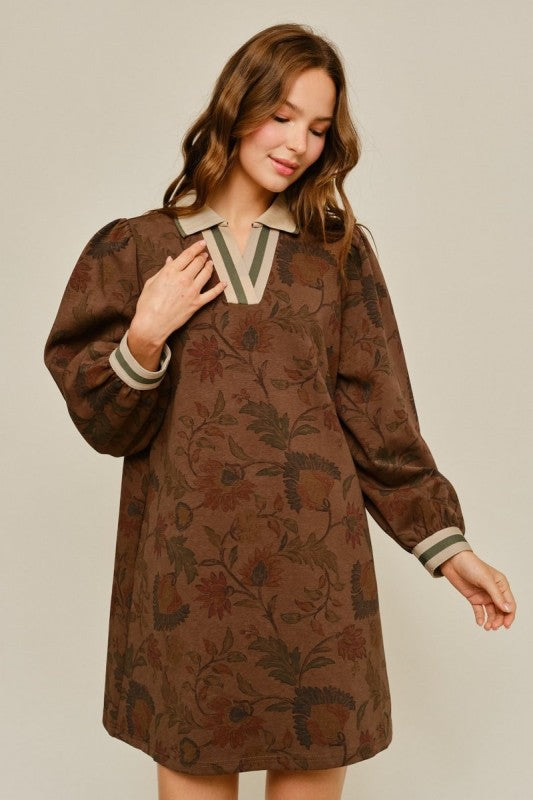 Brown Puff Sleeve Floral Pocket Dress