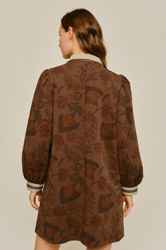 Brown Puff Sleeve Floral Pocket Dress