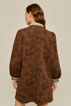 Brown Puff Sleeve Floral Pocket Dress