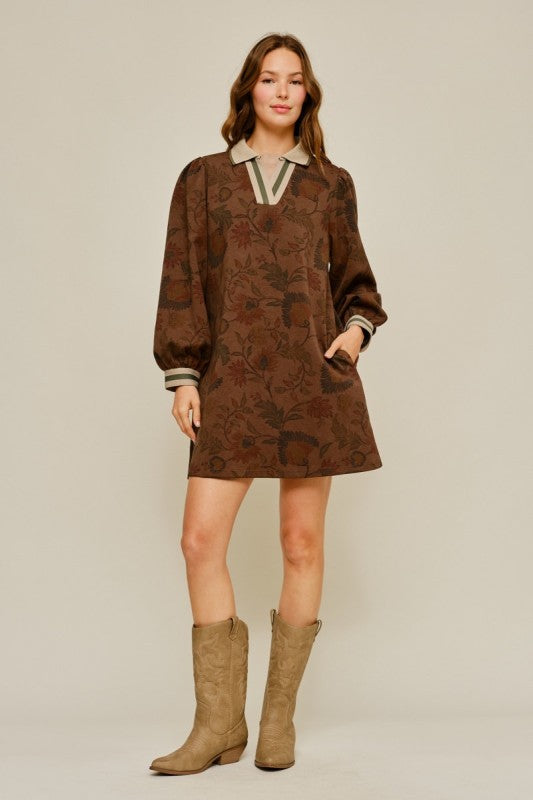 Brown Puff Sleeve Floral Pocket Dress
