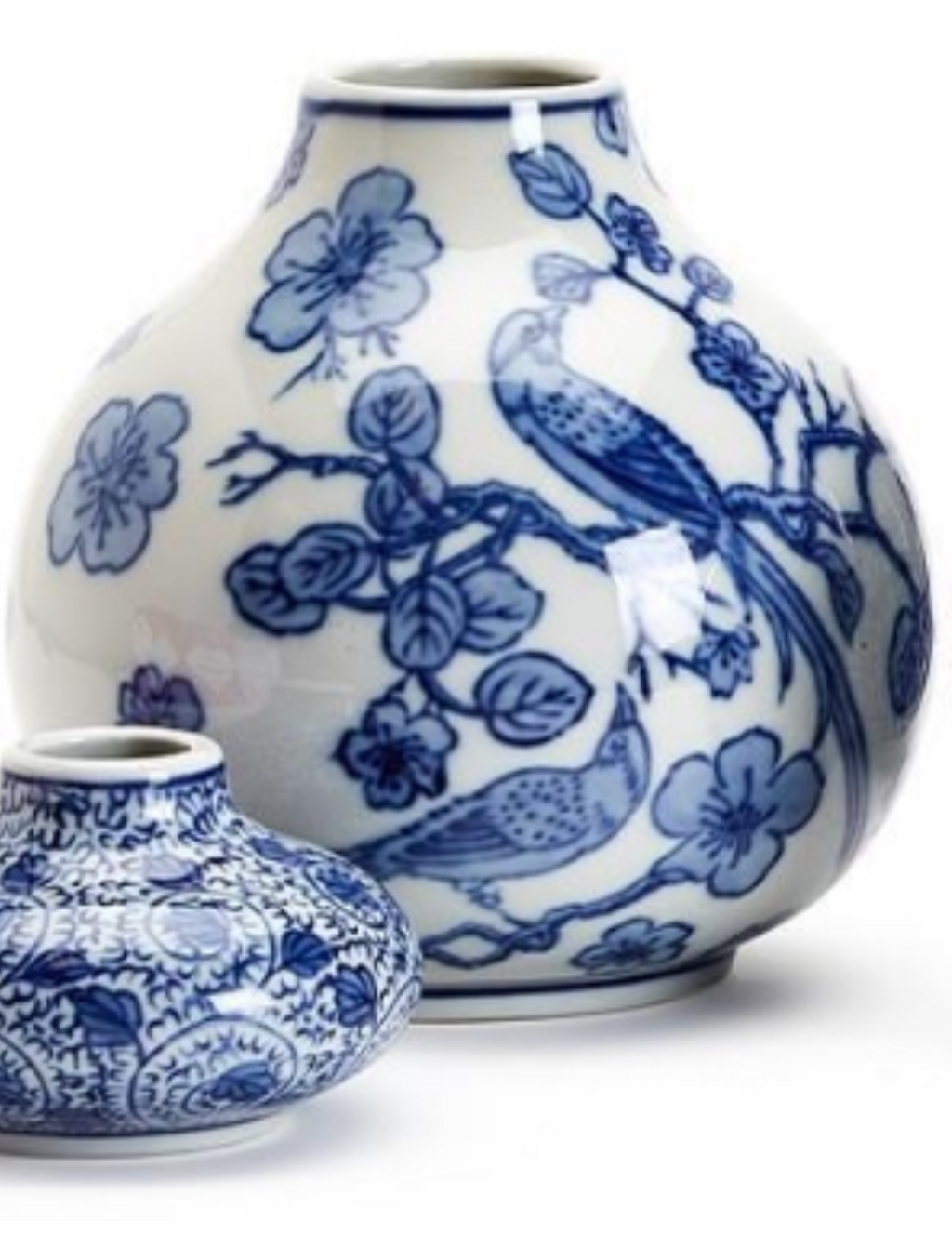 Large Round Blue & White hand Painted Vase With birds