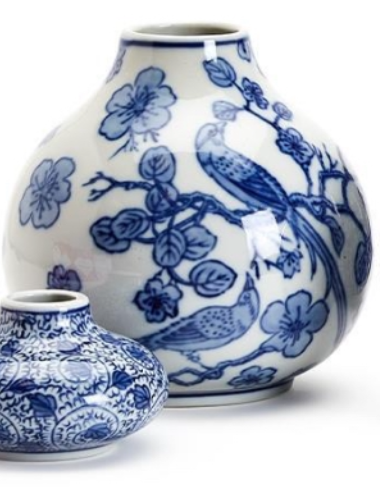 Large Round Blue & White hand Painted Vase With birds