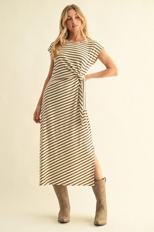 Brown Stripe Side Slit Midi Dress