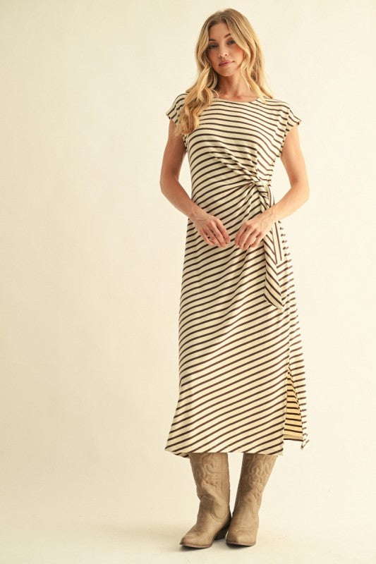 Brown Stripe Side Slit Midi Dress