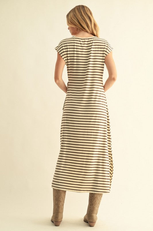 Brown Stripe Side Slit Midi Dress