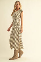 Brown Stripe Side Slit Midi Dress
