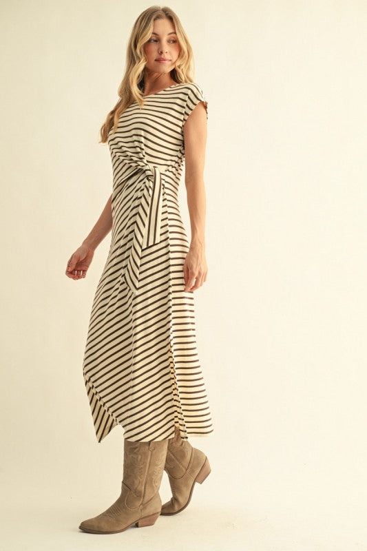 Brown Stripe Side Slit Midi Dress